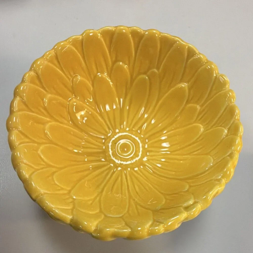 DWS/AMS Floral Embossed Ceramic Art Pottery Bowls Glossy Yellow Orange 2pc
